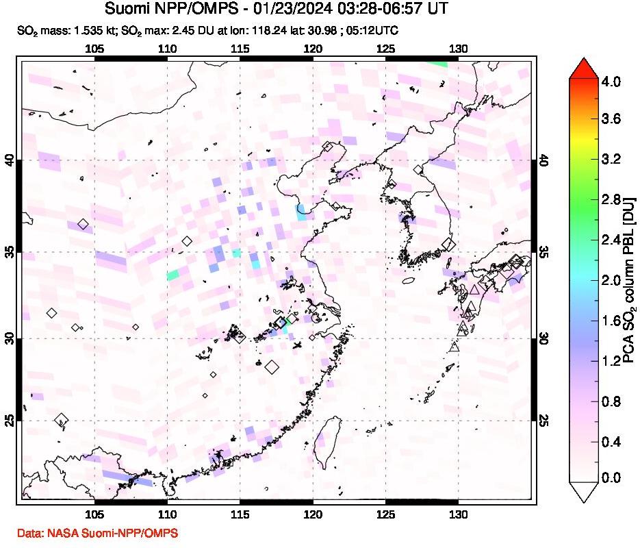A sulfur dioxide image over Eastern China on Jan 23, 2024.