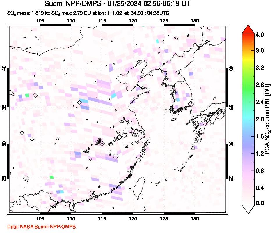 A sulfur dioxide image over Eastern China on Jan 25, 2024.