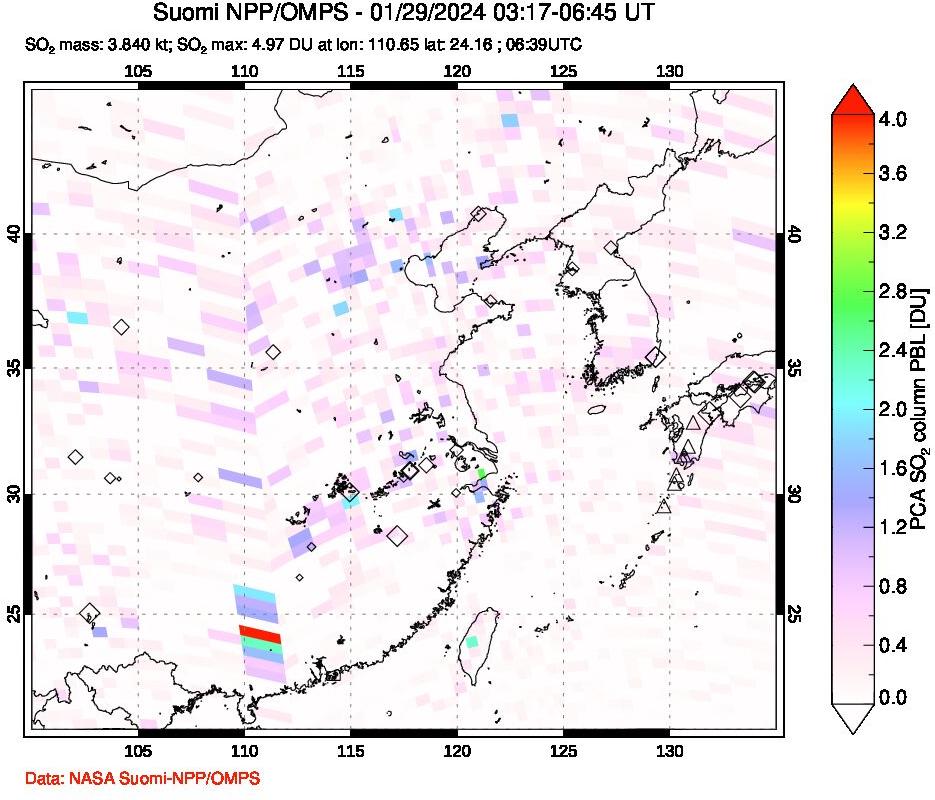 A sulfur dioxide image over Eastern China on Jan 29, 2024.