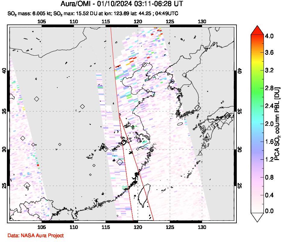 A sulfur dioxide image over Eastern China on Jan 10, 2024.