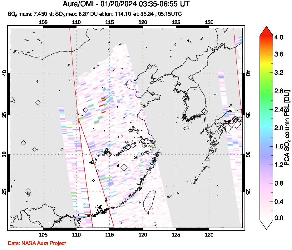 A sulfur dioxide image over Eastern China on Jan 20, 2024.