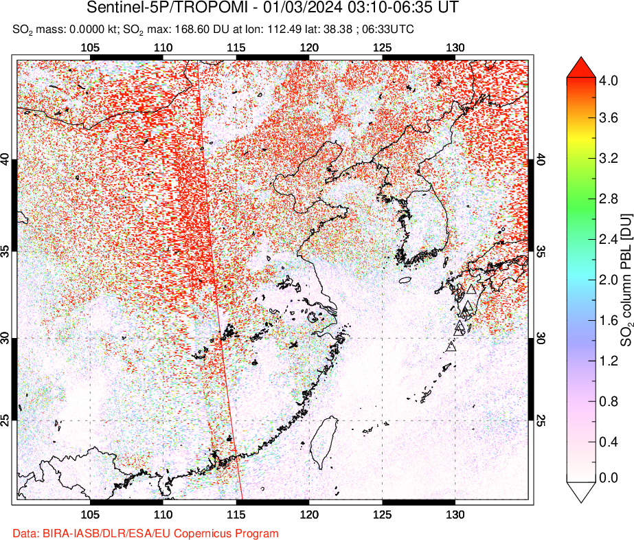 A sulfur dioxide image over Eastern China on Jan 03, 2024.