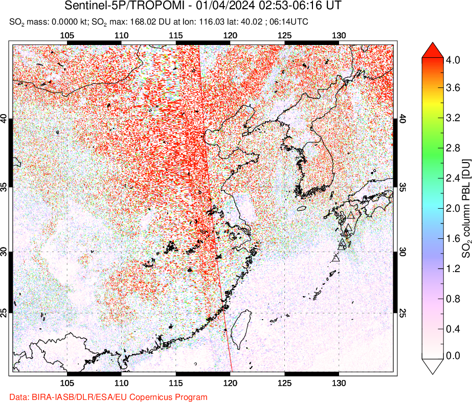 A sulfur dioxide image over Eastern China on Jan 04, 2024.