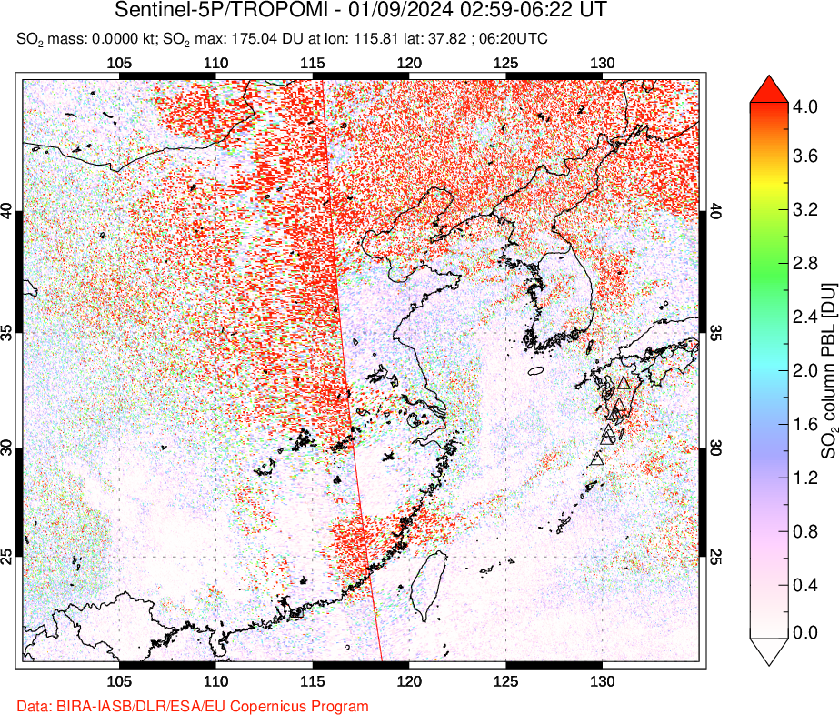 A sulfur dioxide image over Eastern China on Jan 09, 2024.
