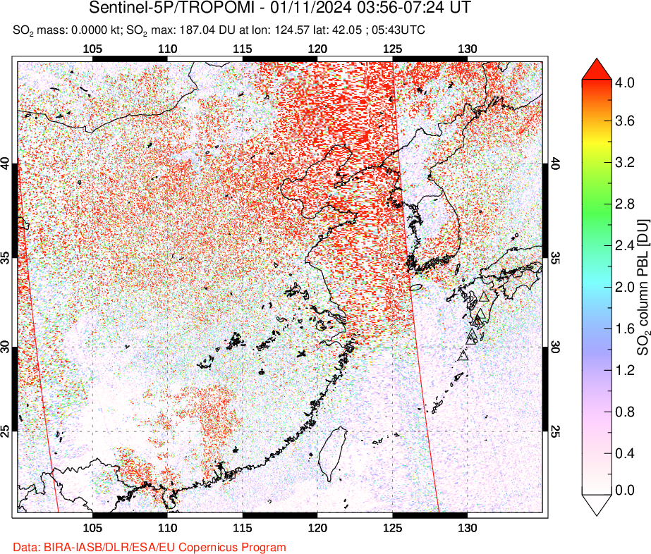A sulfur dioxide image over Eastern China on Jan 11, 2024.