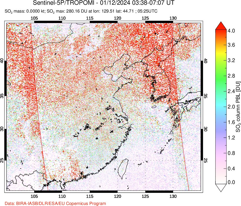 A sulfur dioxide image over Eastern China on Jan 12, 2024.