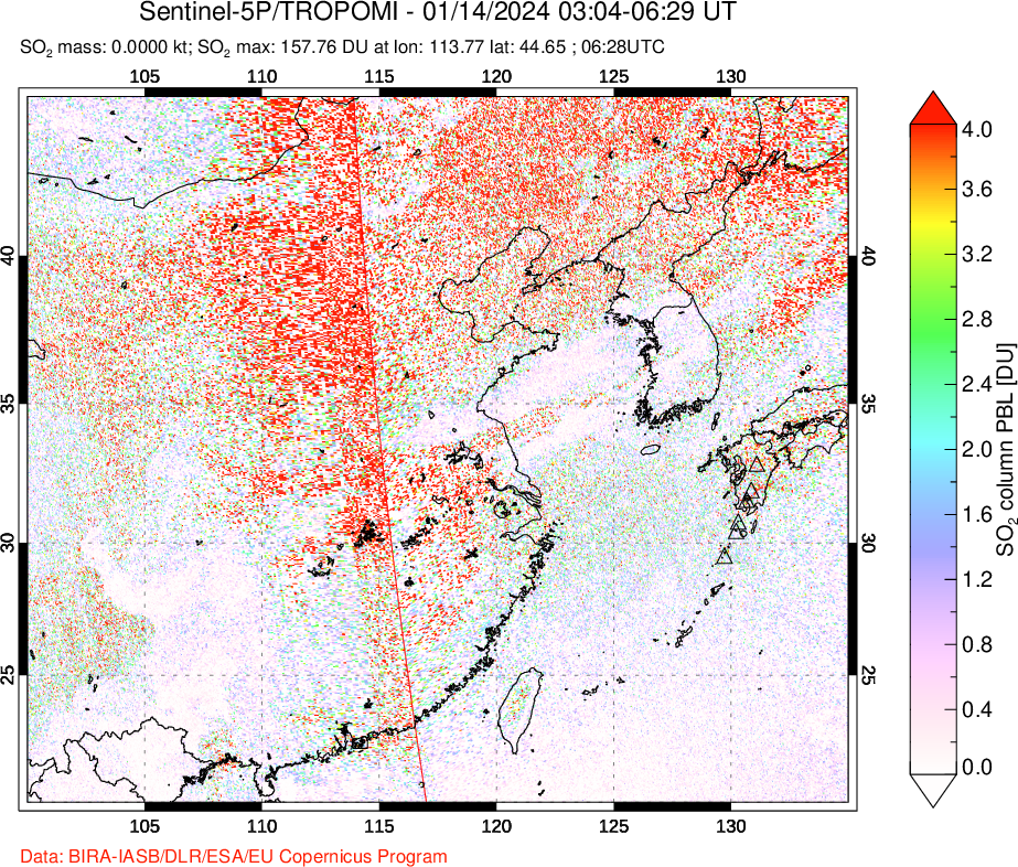 A sulfur dioxide image over Eastern China on Jan 14, 2024.