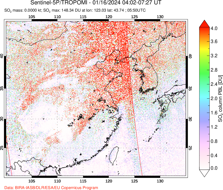 A sulfur dioxide image over Eastern China on Jan 16, 2024.