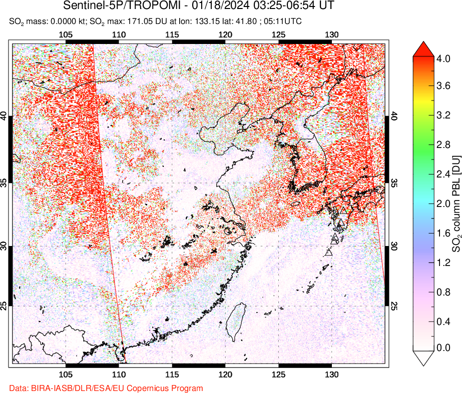 A sulfur dioxide image over Eastern China on Jan 18, 2024.