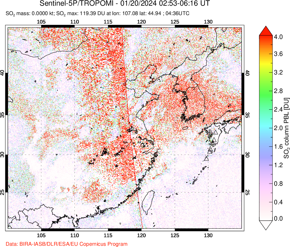 A sulfur dioxide image over Eastern China on Jan 20, 2024.