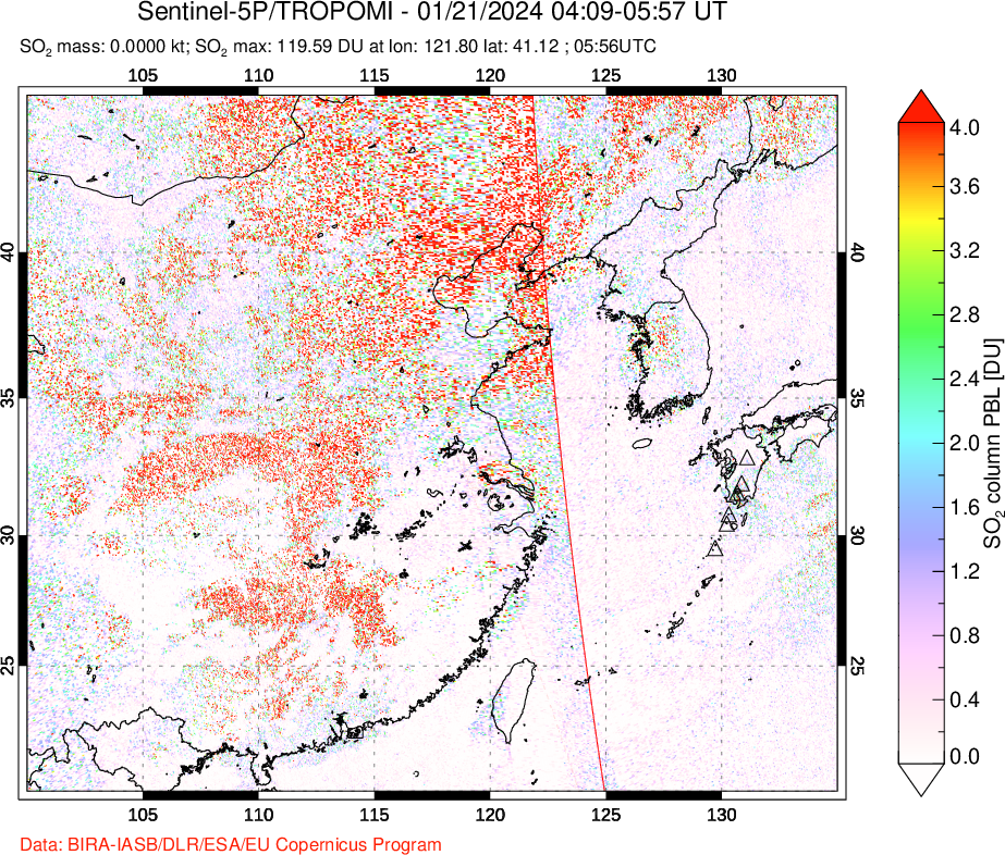 A sulfur dioxide image over Eastern China on Jan 21, 2024.