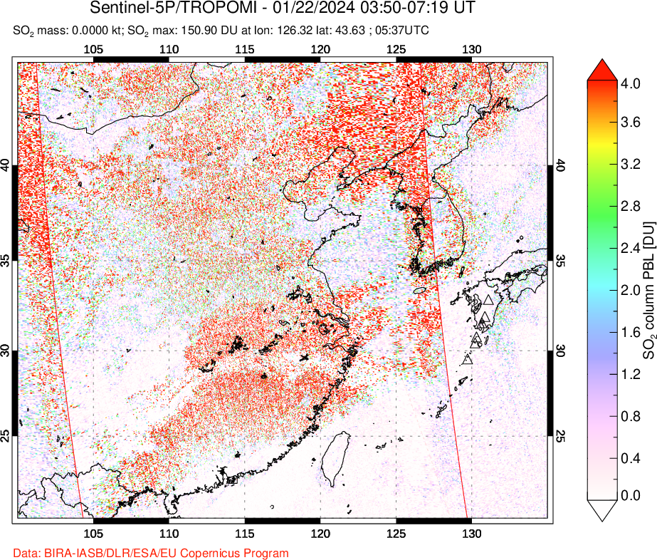 A sulfur dioxide image over Eastern China on Jan 22, 2024.