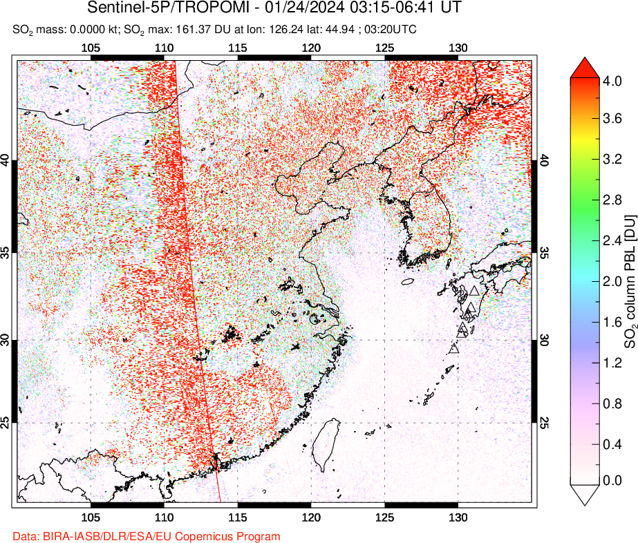 A sulfur dioxide image over Eastern China on Jan 24, 2024.