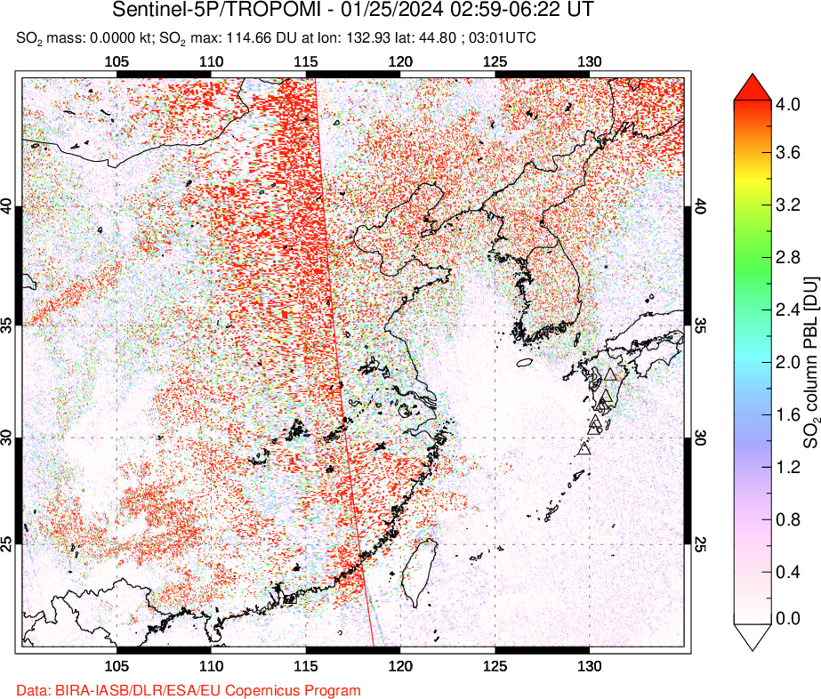 A sulfur dioxide image over Eastern China on Jan 25, 2024.