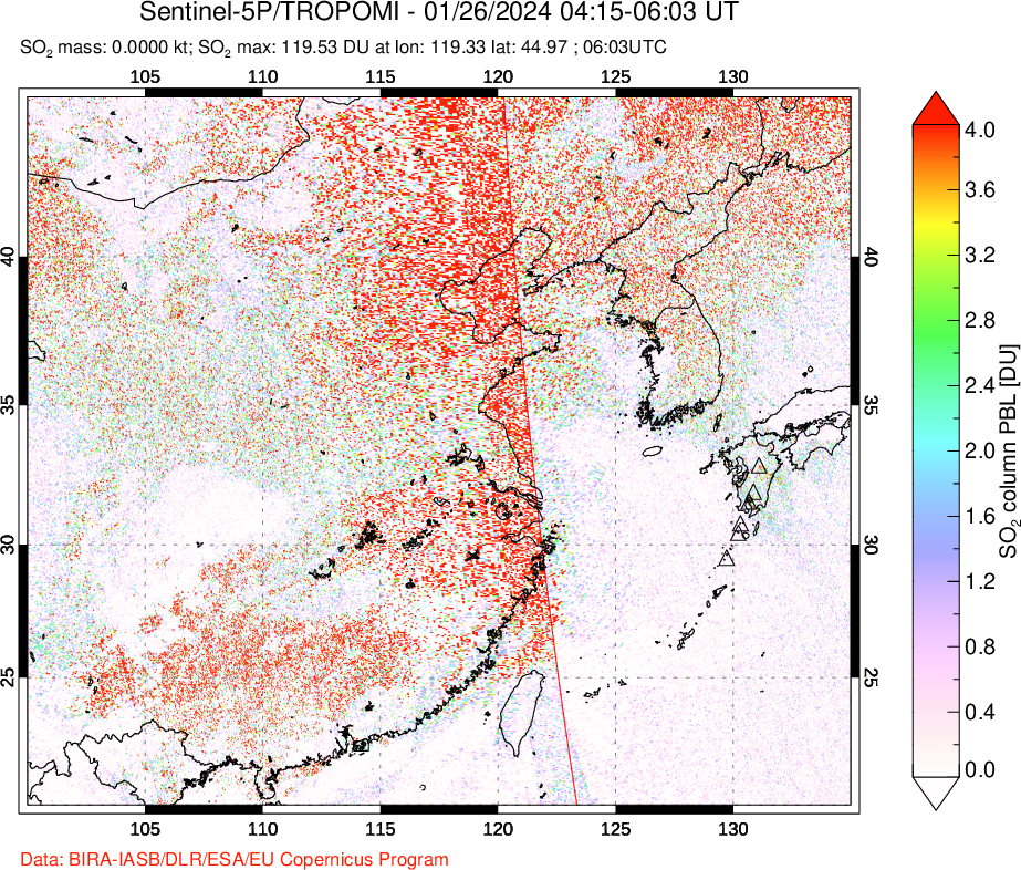 A sulfur dioxide image over Eastern China on Jan 26, 2024.