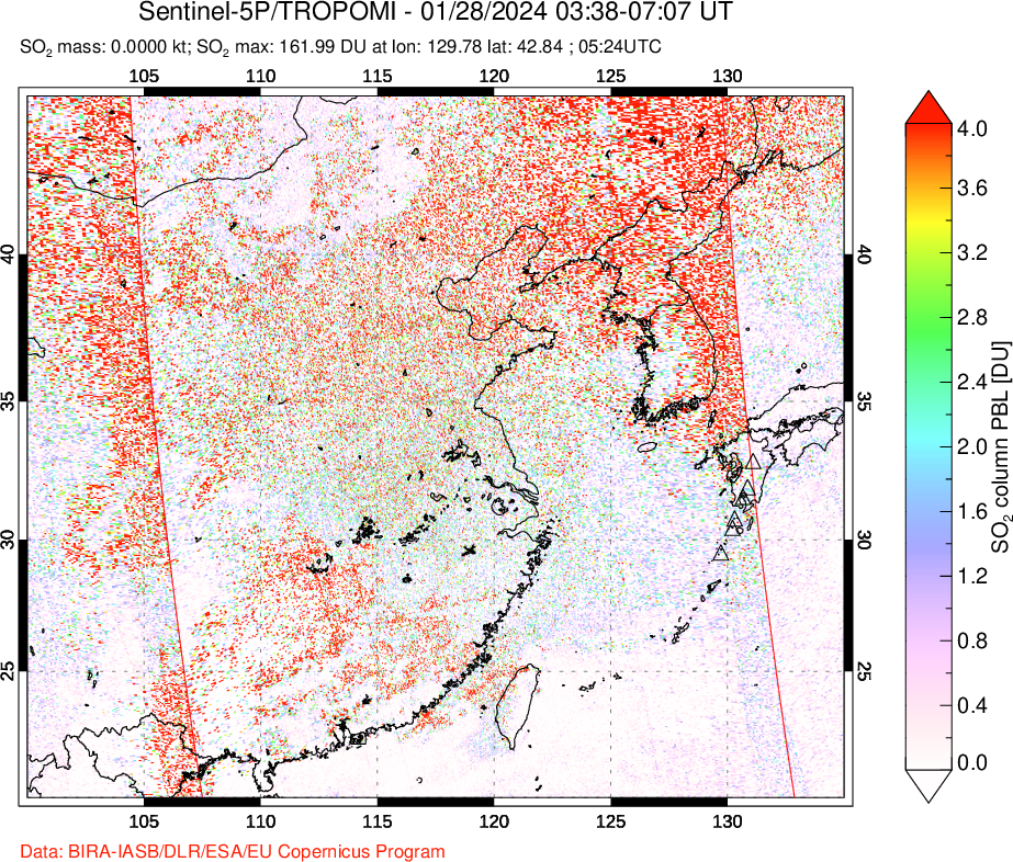 A sulfur dioxide image over Eastern China on Jan 28, 2024.