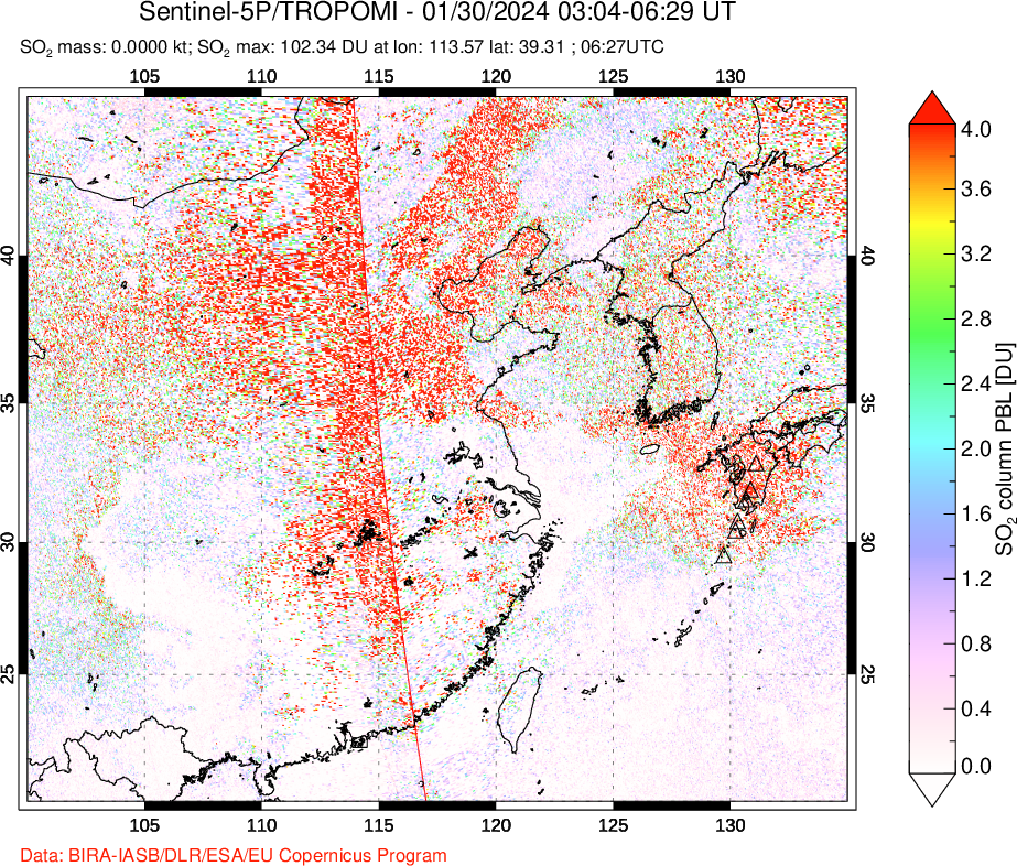 A sulfur dioxide image over Eastern China on Jan 30, 2024.
