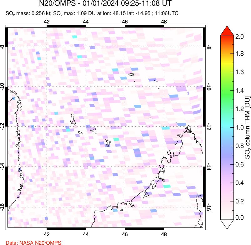 A sulfur dioxide image over Comoro Islands on Jan 01, 2024.