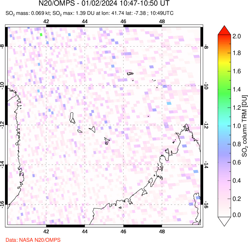 A sulfur dioxide image over Comoro Islands on Jan 02, 2024.