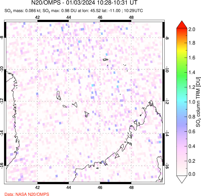 A sulfur dioxide image over Comoro Islands on Jan 03, 2024.