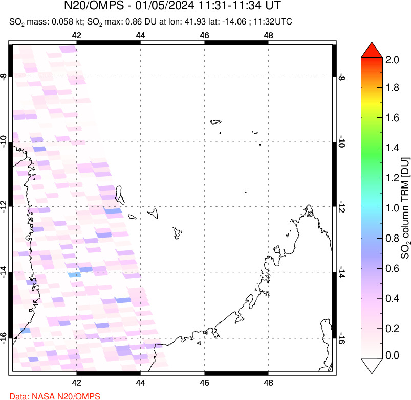 A sulfur dioxide image over Comoro Islands on Jan 05, 2024.