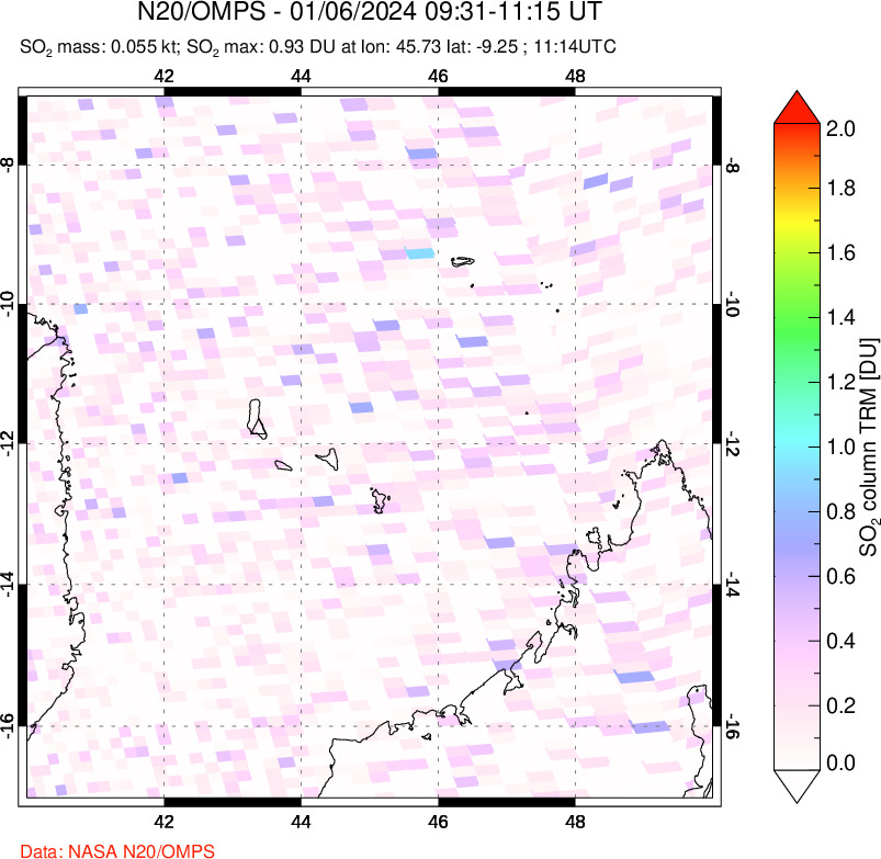 A sulfur dioxide image over Comoro Islands on Jan 06, 2024.