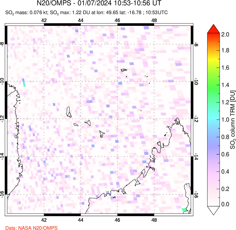 A sulfur dioxide image over Comoro Islands on Jan 07, 2024.