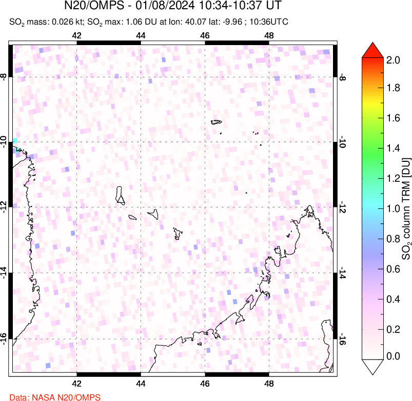 A sulfur dioxide image over Comoro Islands on Jan 08, 2024.