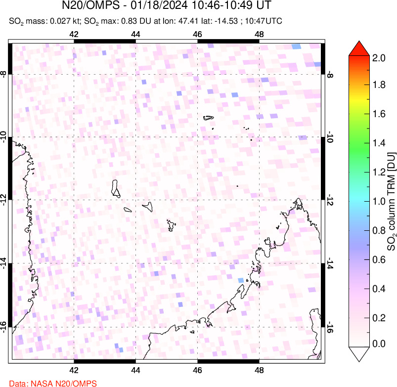 A sulfur dioxide image over Comoro Islands on Jan 18, 2024.