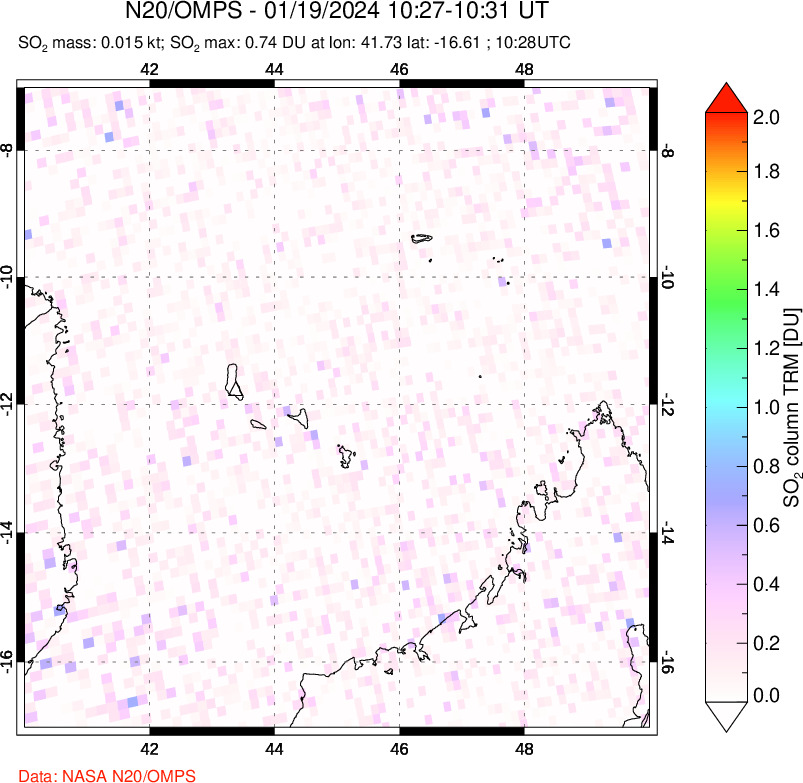 A sulfur dioxide image over Comoro Islands on Jan 19, 2024.