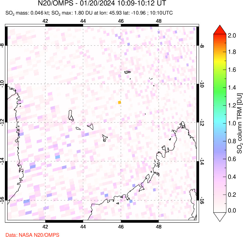 A sulfur dioxide image over Comoro Islands on Jan 20, 2024.