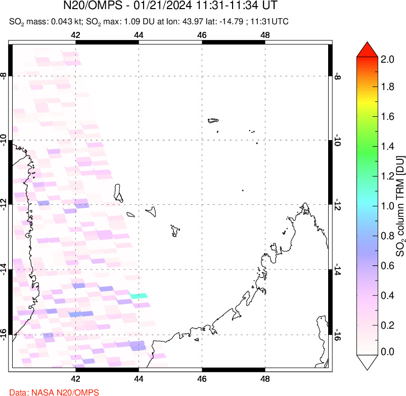 A sulfur dioxide image over Comoro Islands on Jan 21, 2024.