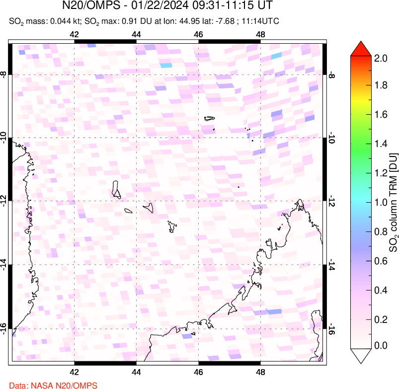 A sulfur dioxide image over Comoro Islands on Jan 22, 2024.