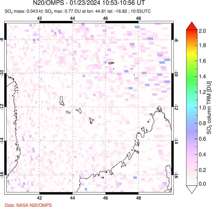 A sulfur dioxide image over Comoro Islands on Jan 23, 2024.