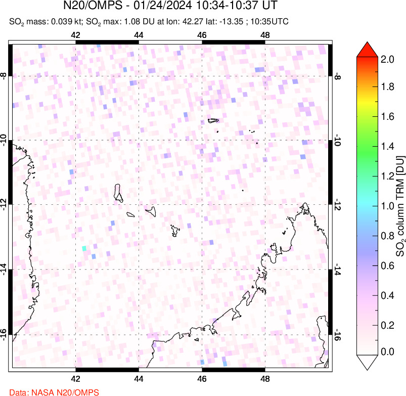 A sulfur dioxide image over Comoro Islands on Jan 24, 2024.