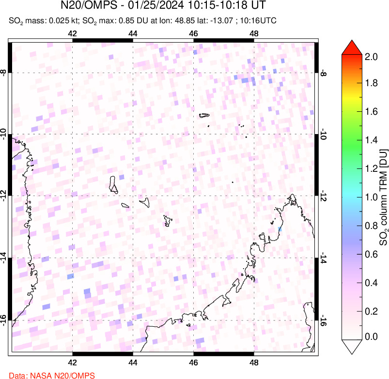 A sulfur dioxide image over Comoro Islands on Jan 25, 2024.