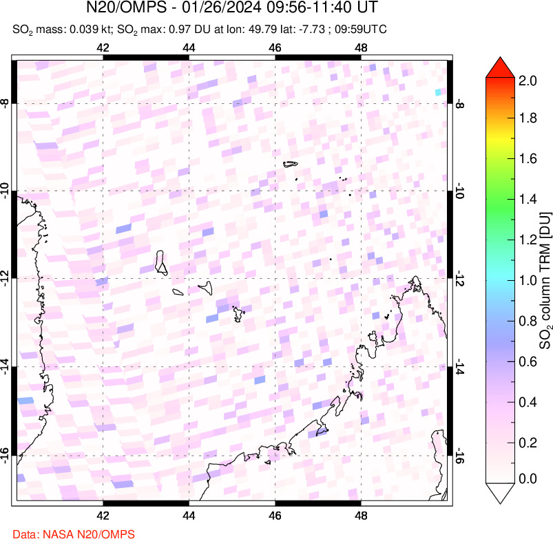 A sulfur dioxide image over Comoro Islands on Jan 26, 2024.