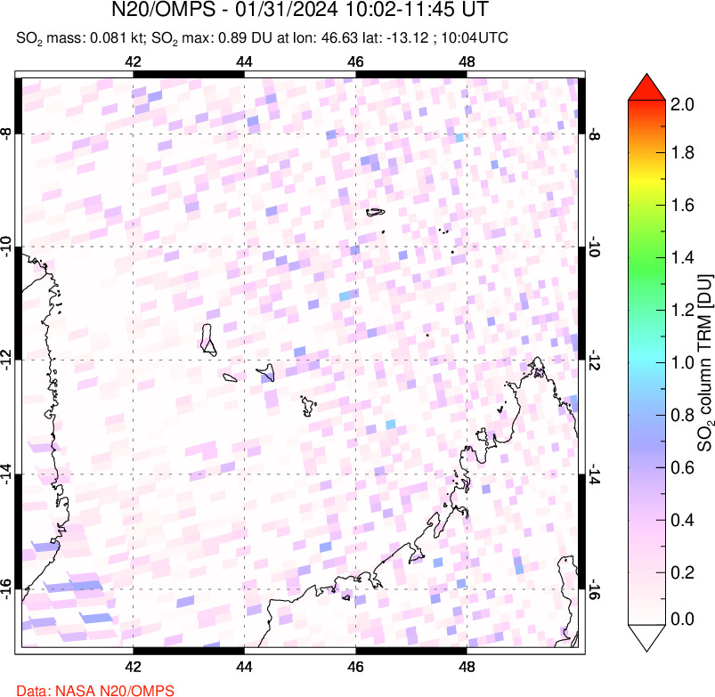 A sulfur dioxide image over Comoro Islands on Jan 31, 2024.