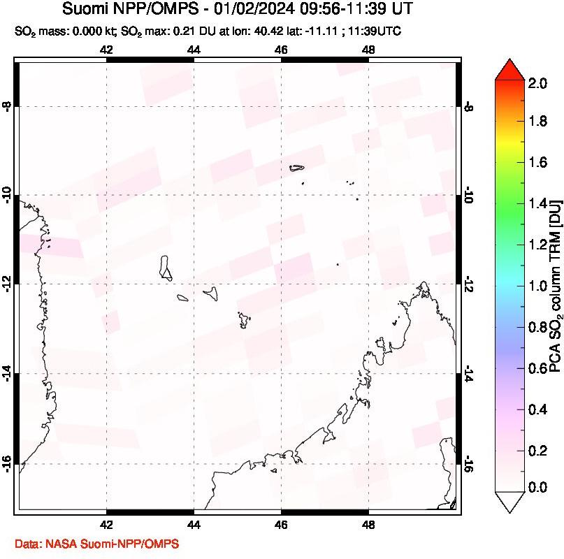 A sulfur dioxide image over Comoro Islands on Jan 02, 2024.