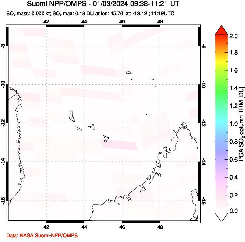 A sulfur dioxide image over Comoro Islands on Jan 03, 2024.