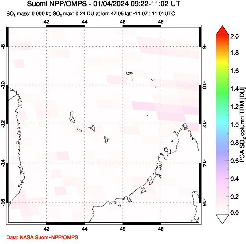 A sulfur dioxide image over Comoro Islands on Jan 04, 2024.