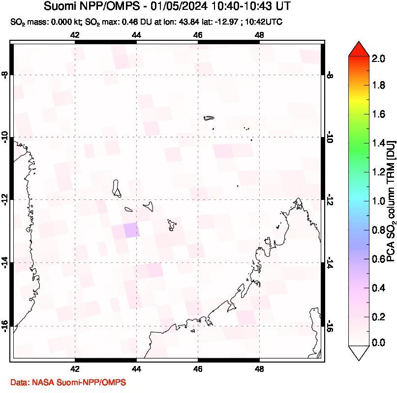 A sulfur dioxide image over Comoro Islands on Jan 05, 2024.