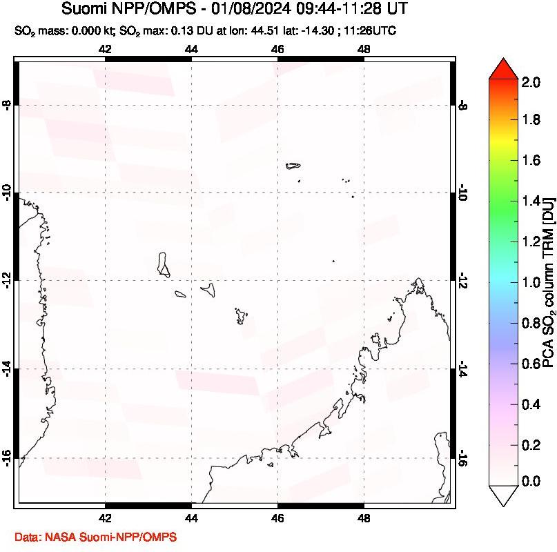 A sulfur dioxide image over Comoro Islands on Jan 08, 2024.