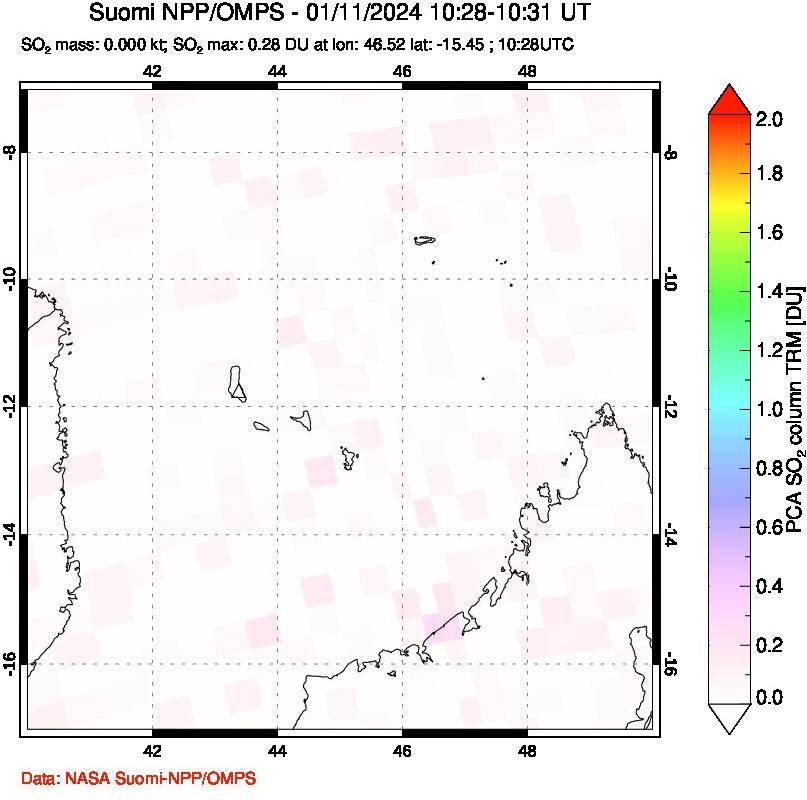 A sulfur dioxide image over Comoro Islands on Jan 11, 2024.