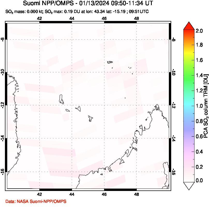 A sulfur dioxide image over Comoro Islands on Jan 13, 2024.