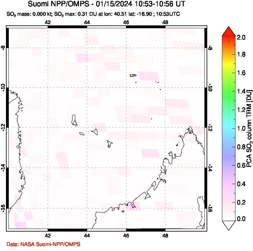 A sulfur dioxide image over Comoro Islands on Jan 15, 2024.