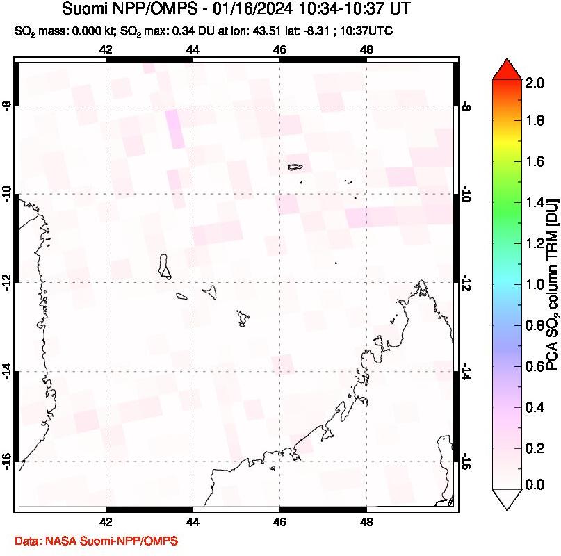 A sulfur dioxide image over Comoro Islands on Jan 16, 2024.