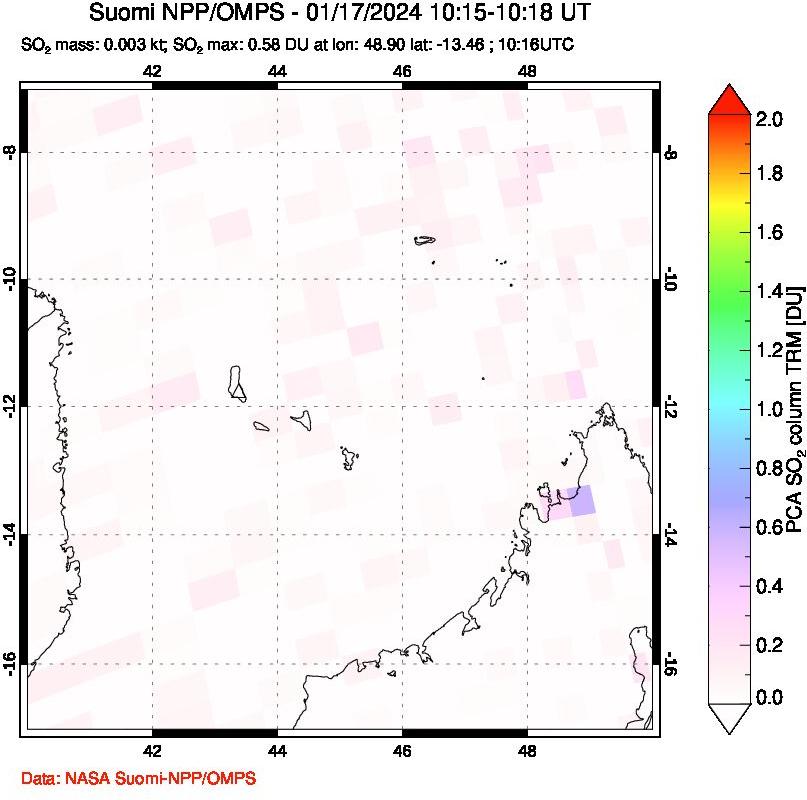 A sulfur dioxide image over Comoro Islands on Jan 17, 2024.