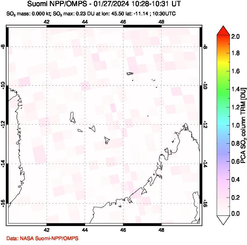 A sulfur dioxide image over Comoro Islands on Jan 27, 2024.