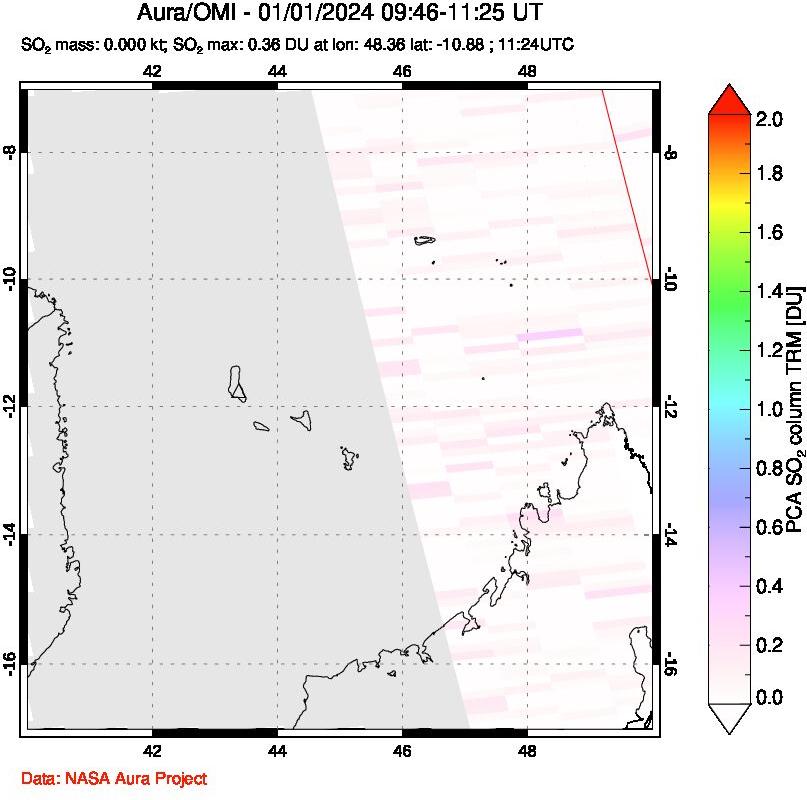 A sulfur dioxide image over Comoro Islands on Jan 01, 2024.